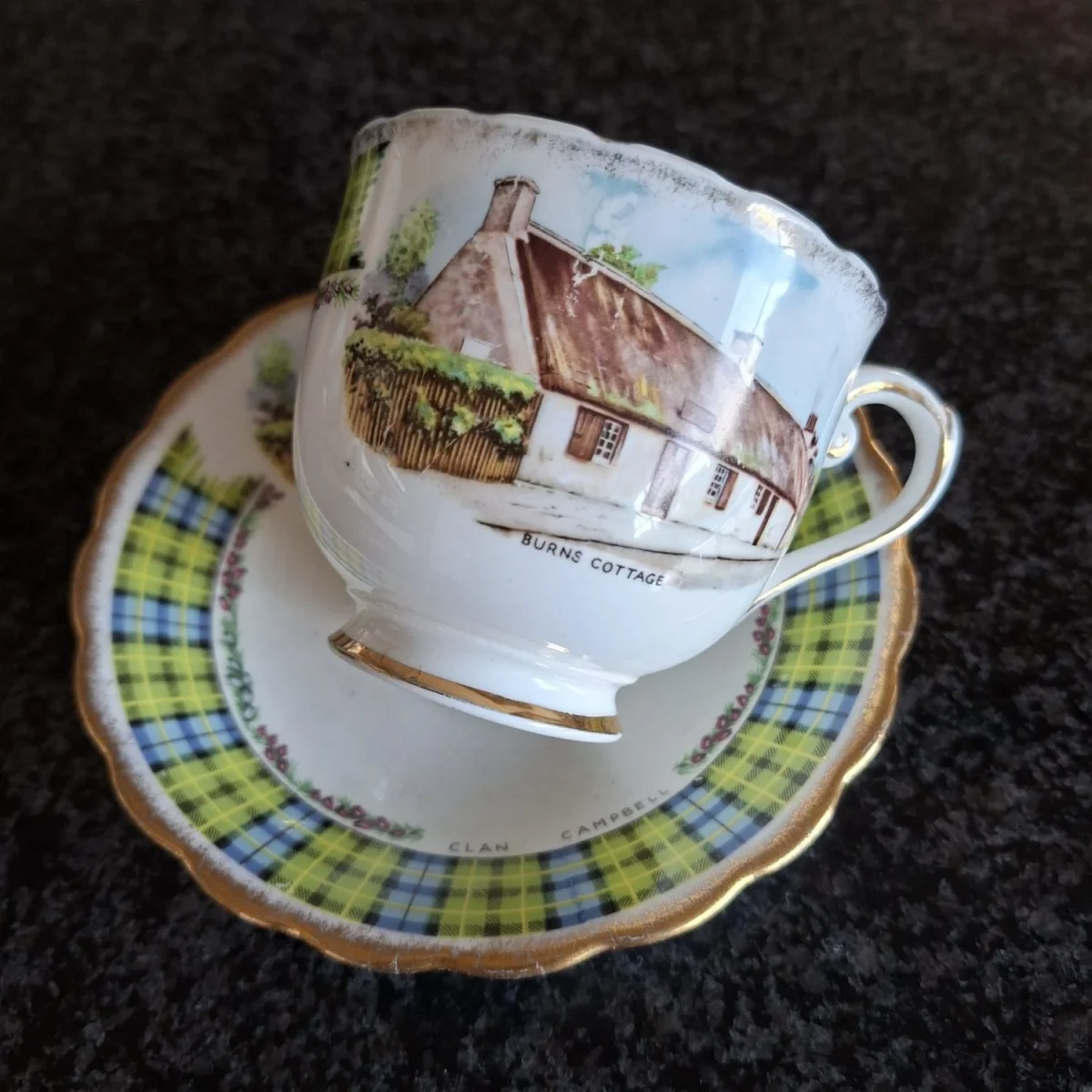 Tea Duo Scottish Burns Cottage P.W. Ltd - old bone china - Clan Campbell tartan