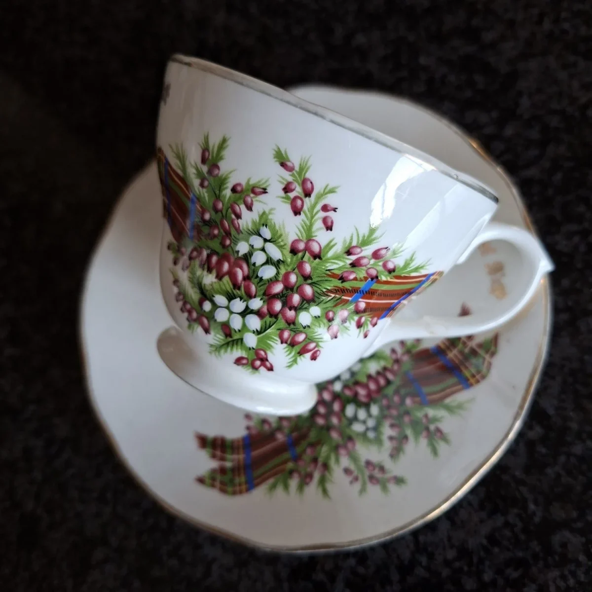 Tea Duo Scottish Isle of Skye Heather and tartan motifs - souvenir cup and saucer