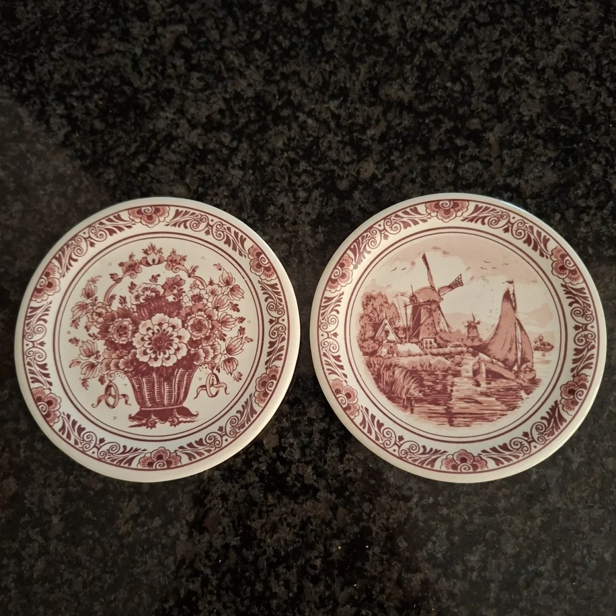 2 Mini Delfts Oude Molen pink plates pin tray trinket dish - windmills and floral 9 cms dia