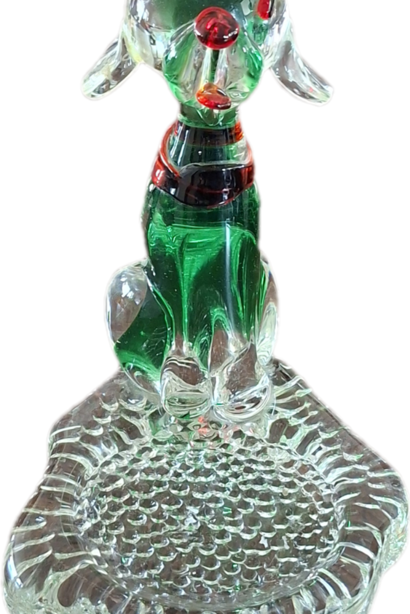 Vintage Murano glass pup dog on a clear glass bowl 15 cms tall