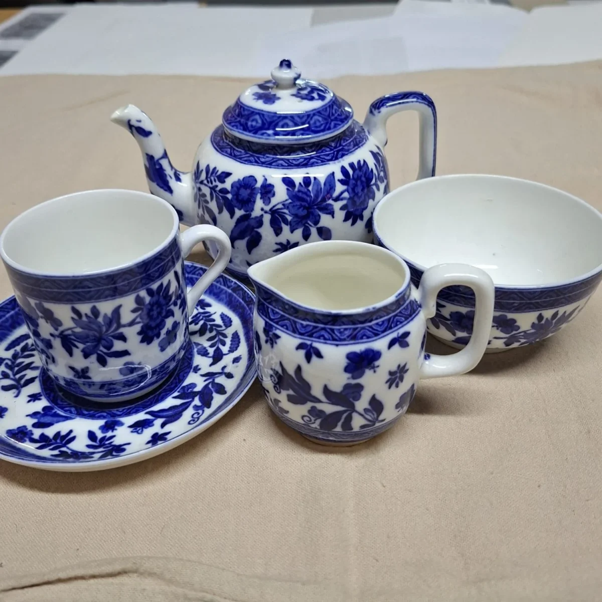Tea set for one - tea duo - Blue and white - flow blue - birds and foliage Fords China Burslem