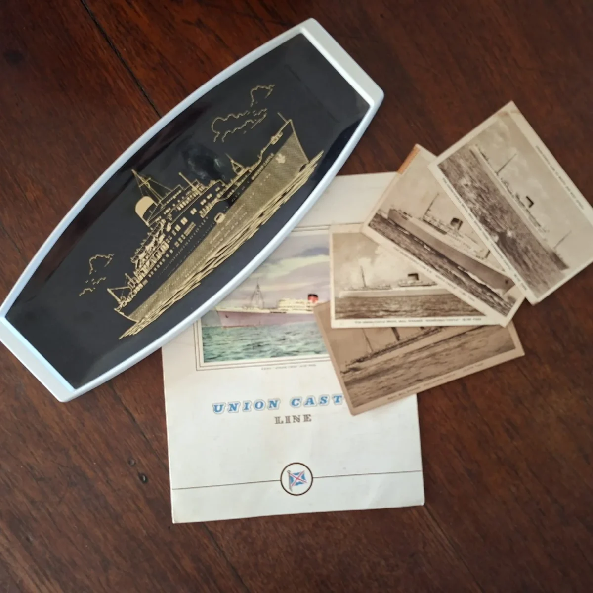 Shipping Union Castle Memorabilia - flat tray 4 sepia postcards and 1 farewell menu