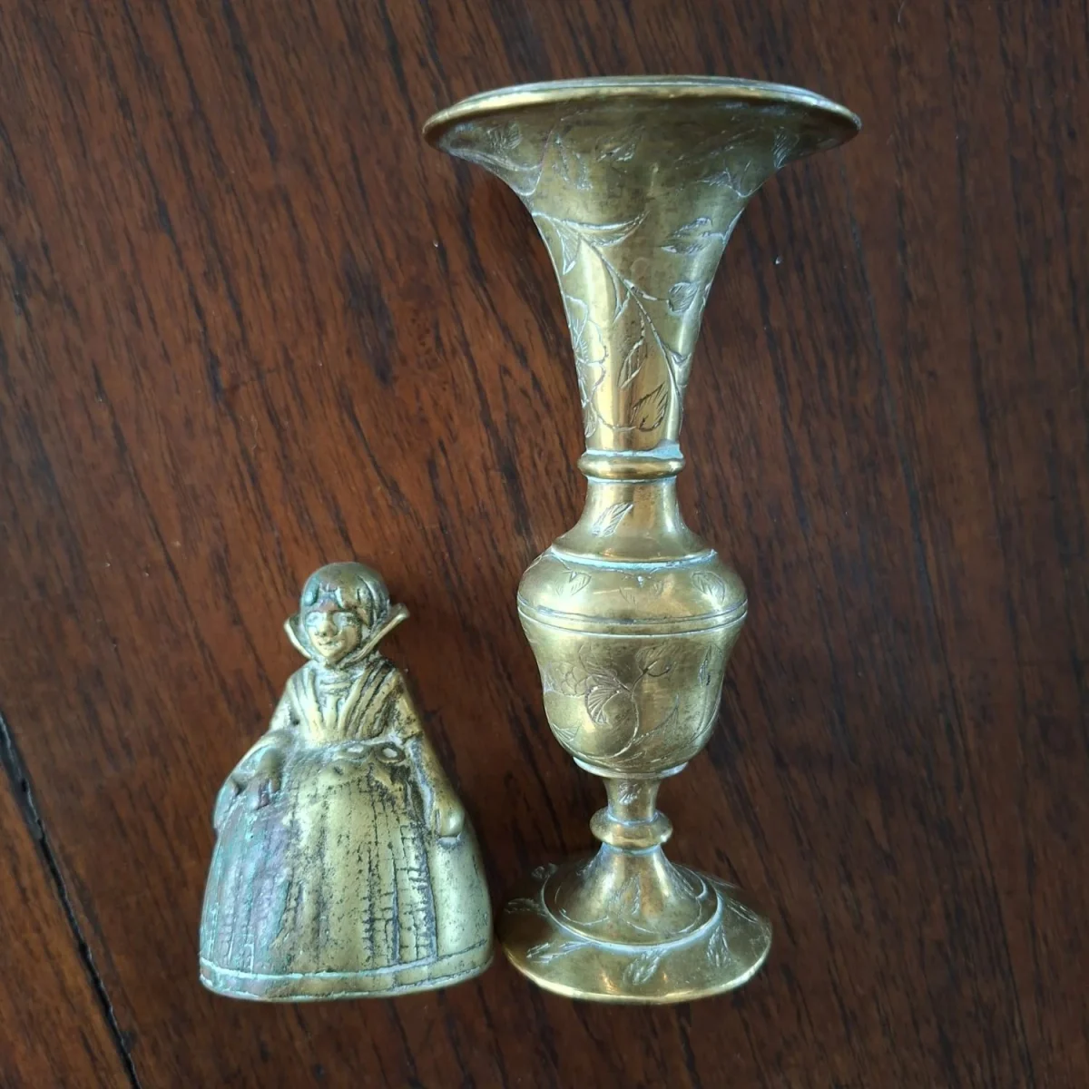 Brass bell and small indian brass vase 13 cms