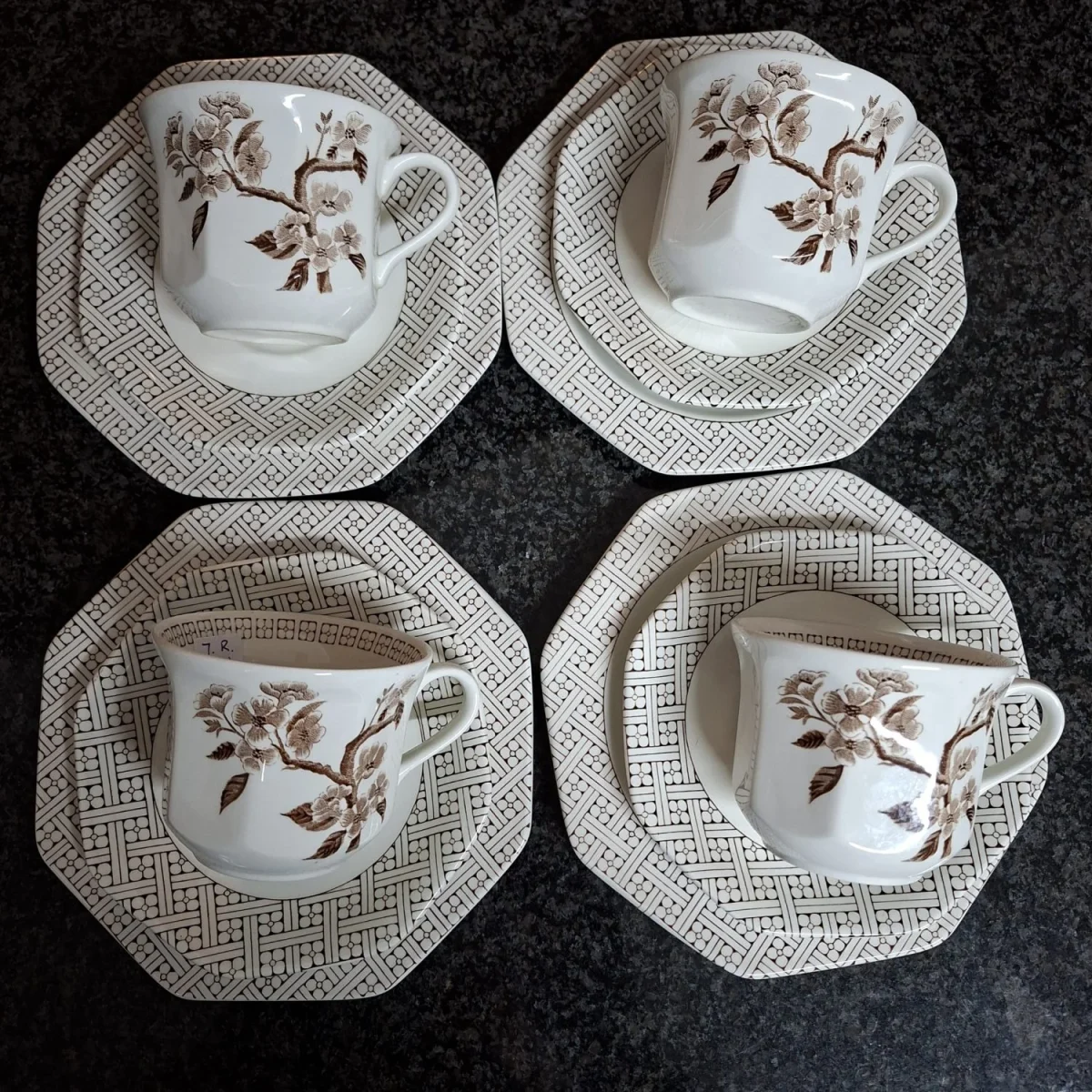 4 tea trios JandG Meakin - ironstone part tea set.  Brown floral motif - octagonal