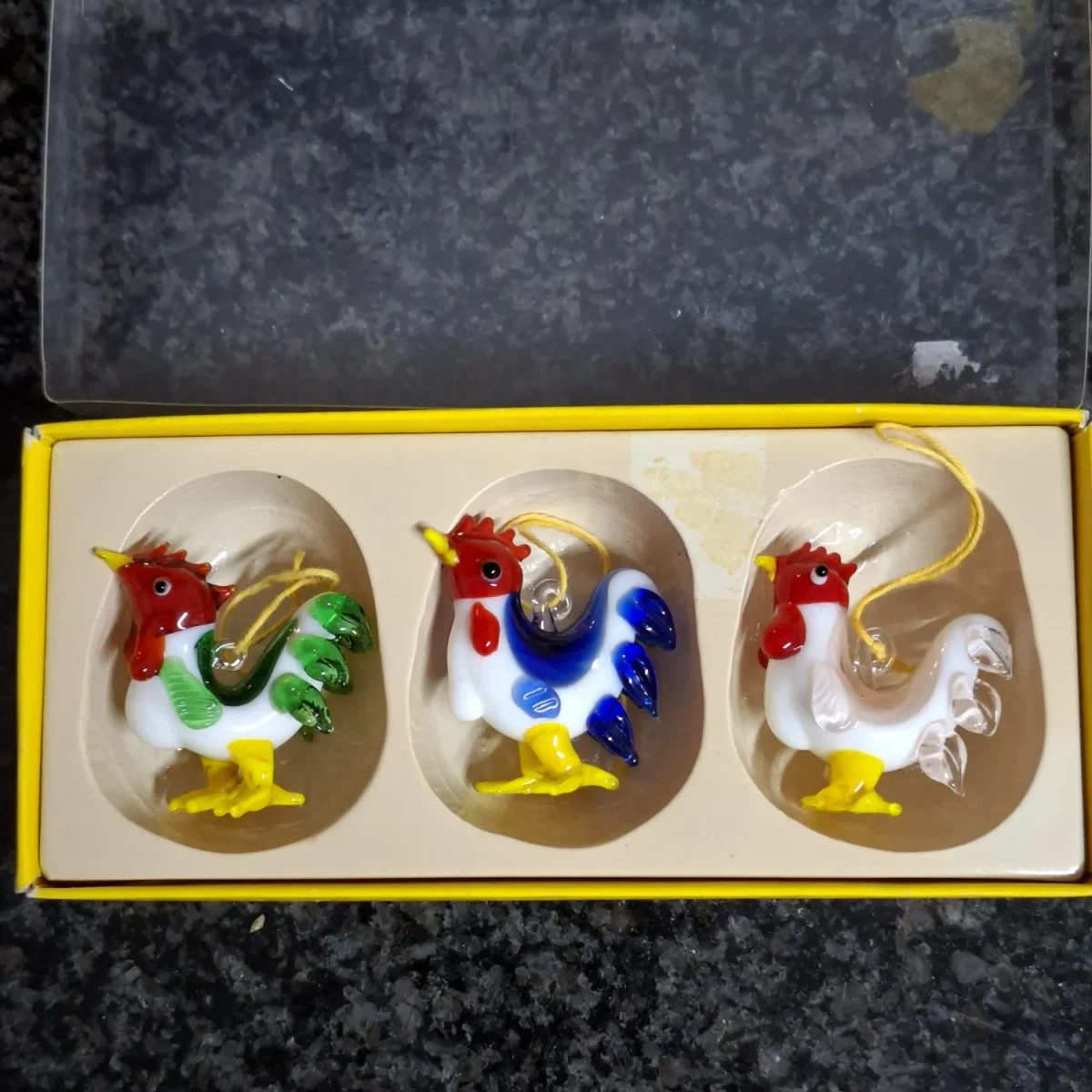 3 glass chickens roosters - boxed - christmas ornaments? - Germany