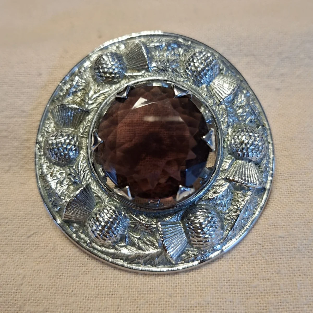 Large Scottish brooch pin - white metal with purple "stone"