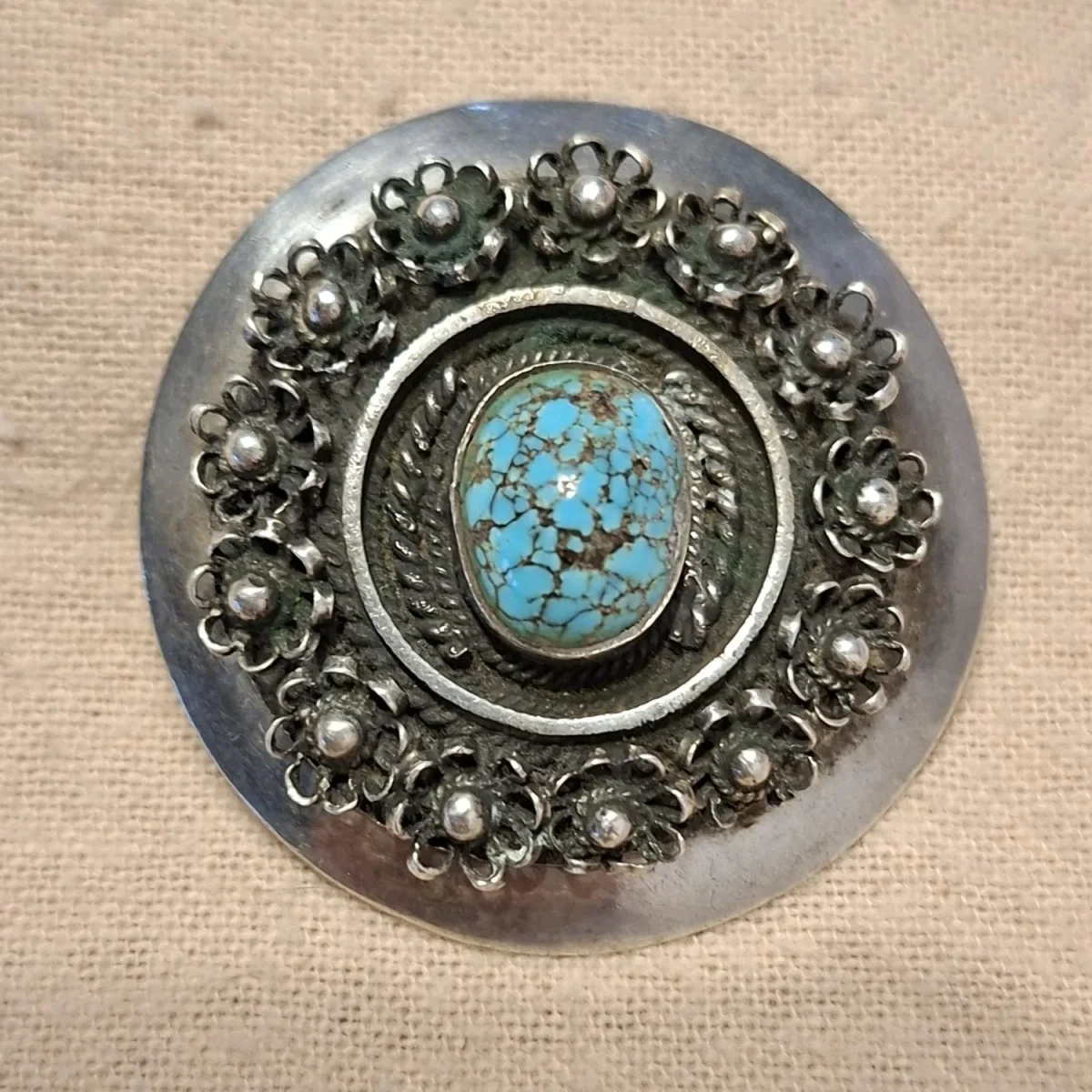 Silver and turquoise brooch - Makers mark and hallmarks unclear