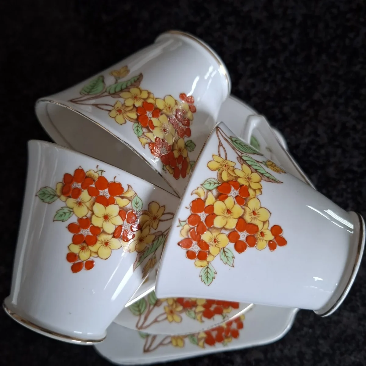 3 Bell Bone china tea trios.  Replacement porcelain.   Part Tea set.  Autumn colour flowers