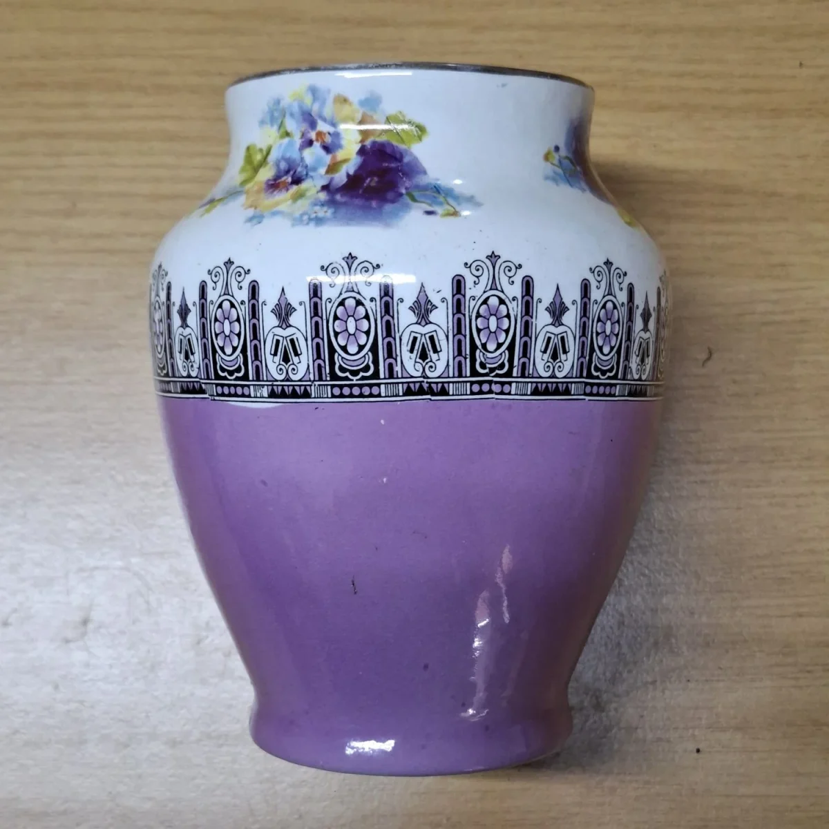 Vintage Lilac/Purple flower vase with pansies and black and white design  14 cms tall