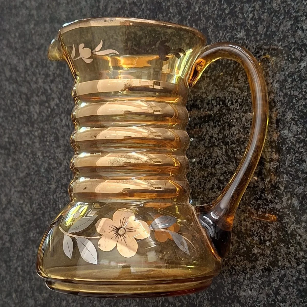 Vintage hand made amber glass water cordial jug with gold and silver inlay
