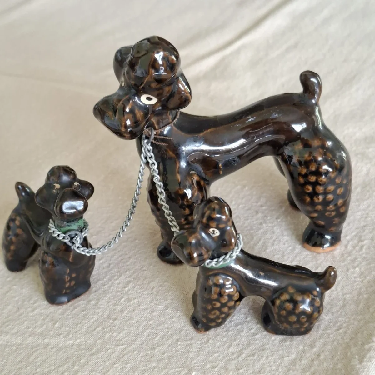 Ceramic Dogs Poodle figurines.  Mom and two pups.  Vintage