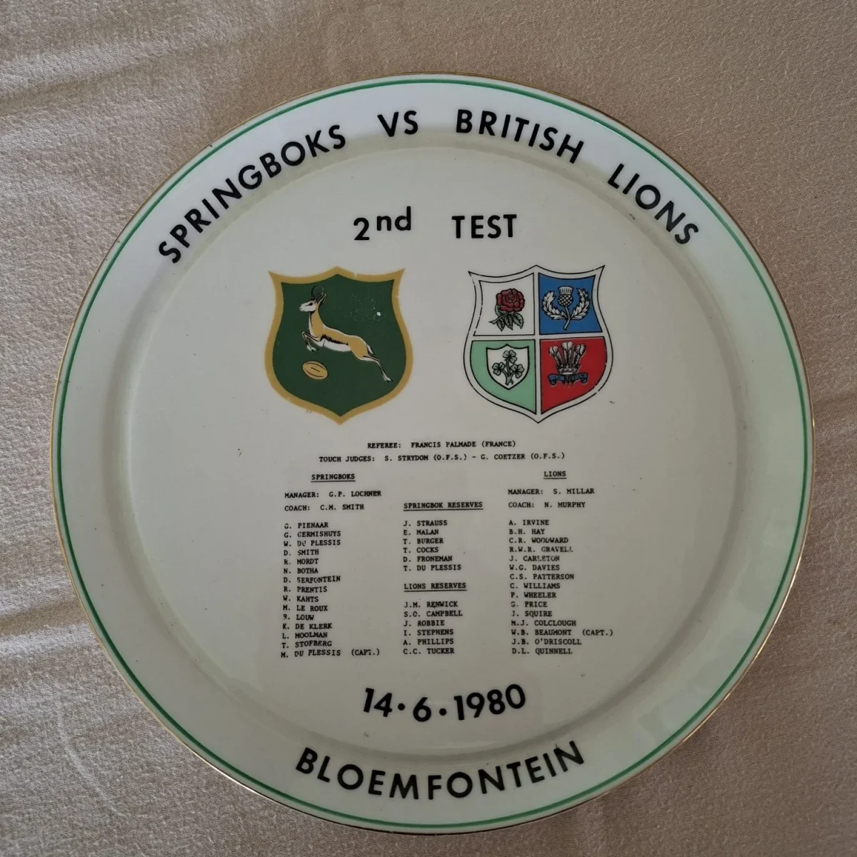 SA rugby springboks 1980 test memorabilia plate - Springboks vs Lions 2nd Test Plate  G P Lochner Manager