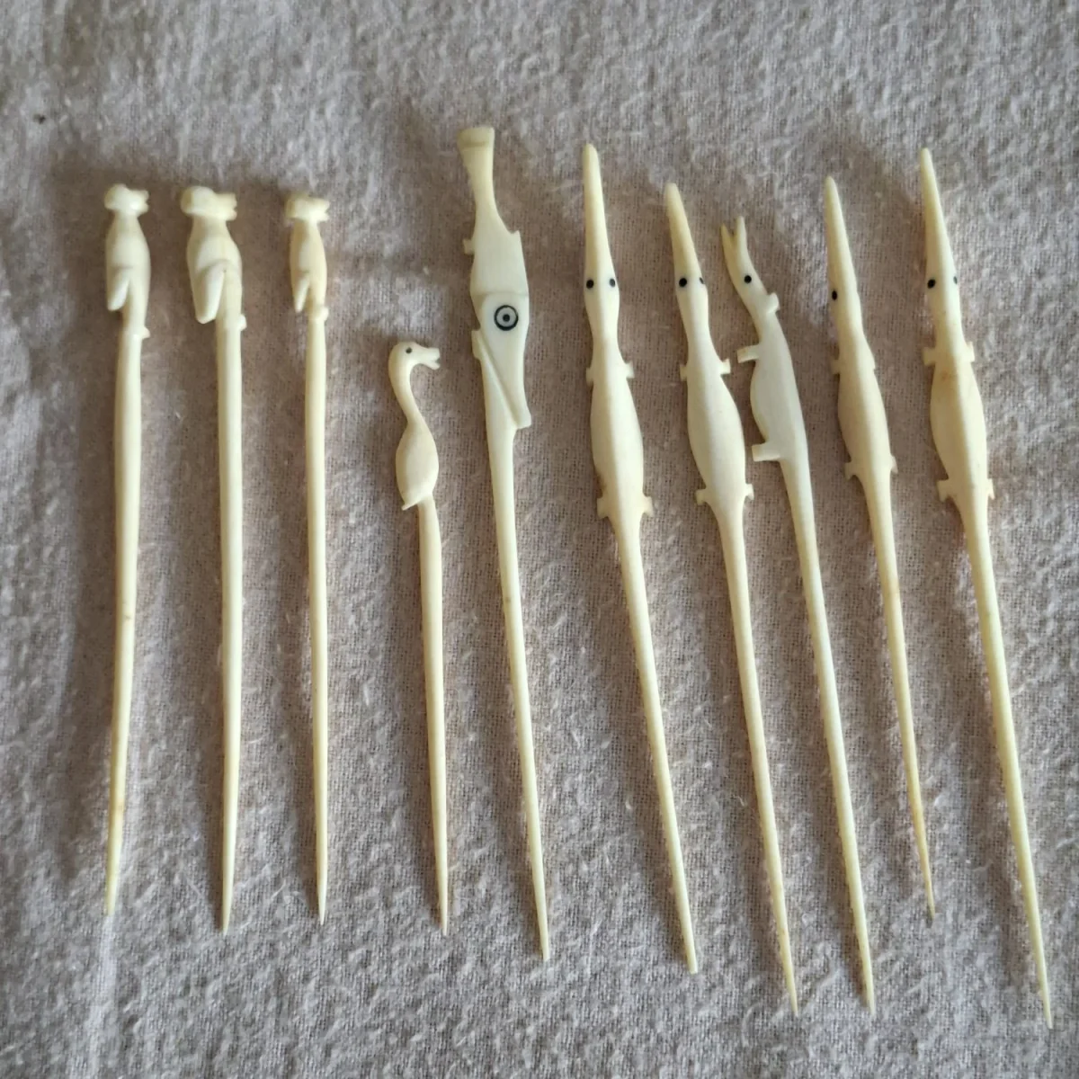 10 Vintage cocktail sticks hair pins shawl pins - animal bone?
