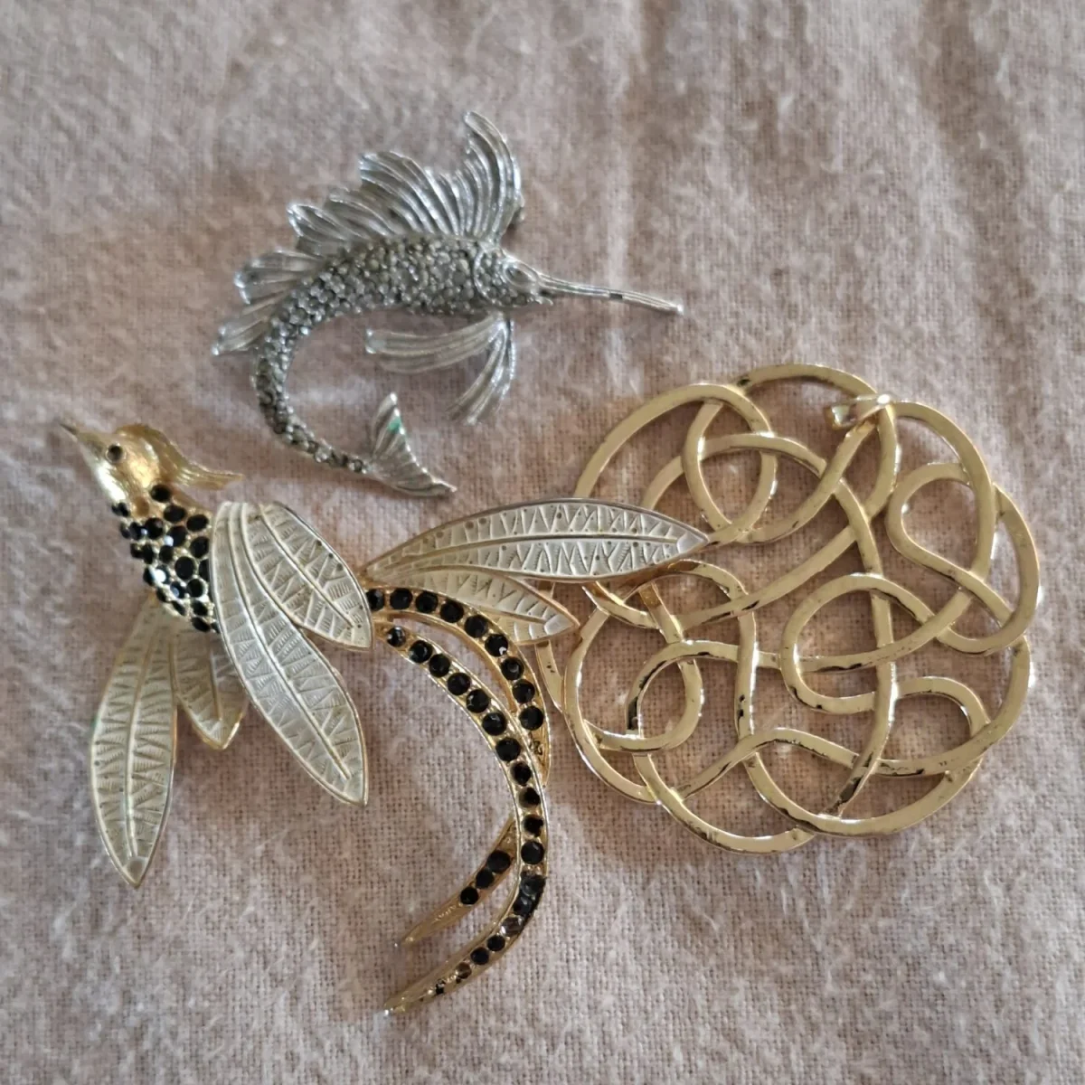 Vintage jewelry - Corocraft bird brooch, marcasite swordfish and gilt pendant