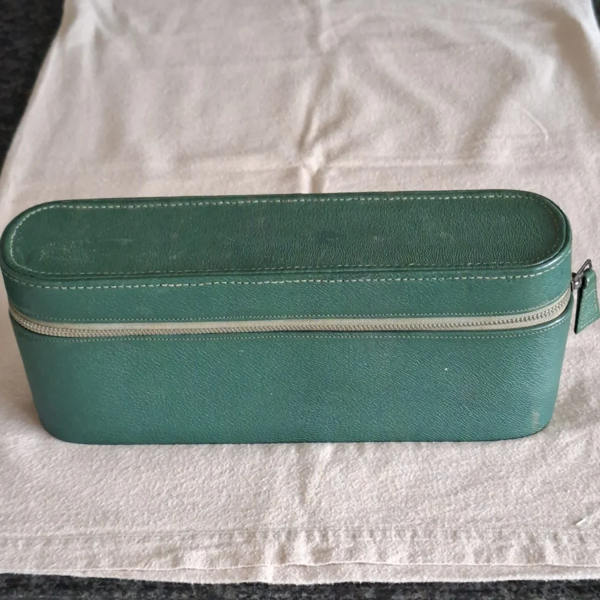Vintage green leather vanity case with contents